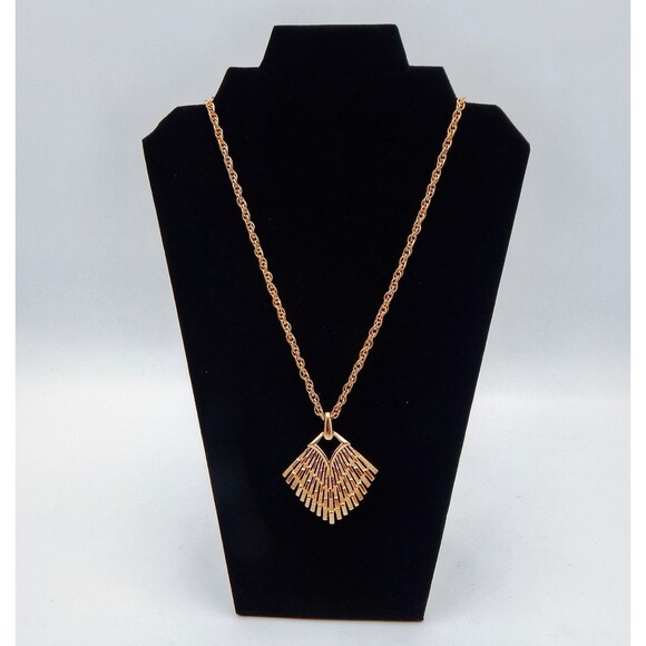 Crown Trifari Pendant Fan Gold Tone Necklace Chain Dual Texture Art Deco - Picture 1 of 8